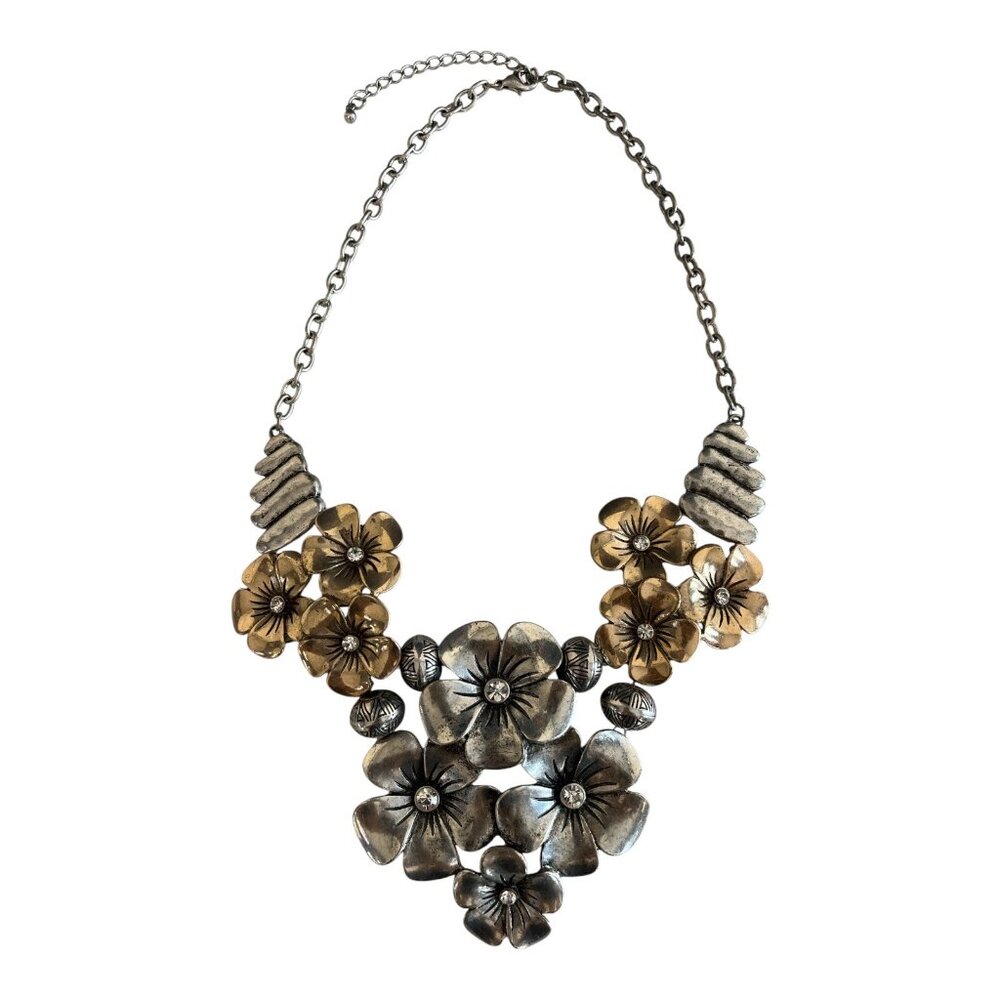 Vtg Statement Floral Necklace – Mixed Metal Flowers with Rhinestone Centers, Adj